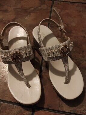 Michael Kors Beige/Tan Logo Thong Wedge Sandals